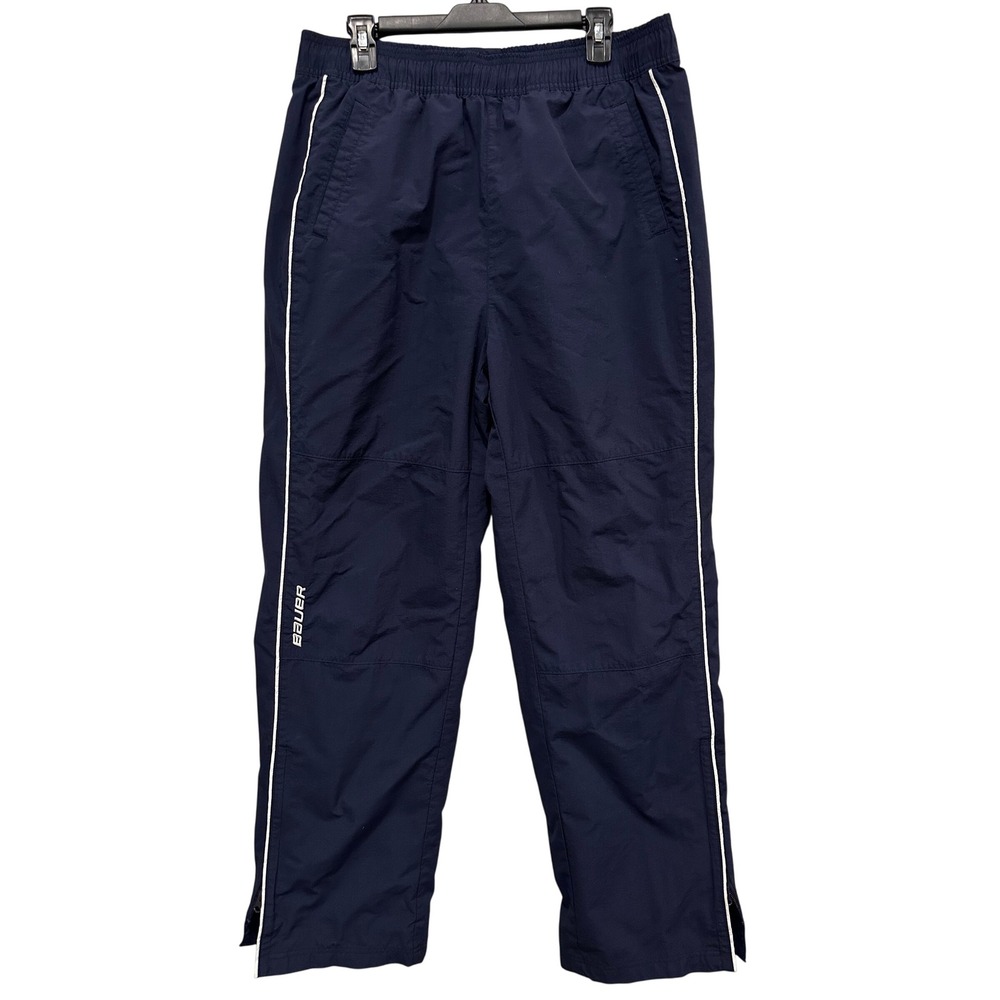 Bauer Mens Navy Blue Mesh Lined Hockey Baggy Warm Up Track Pants XL Zipper Leg